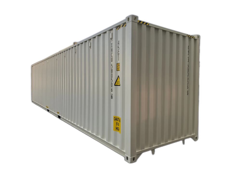 Neuer 40HC High-Cube-Container, beige, Dreiviertelansicht von vorn